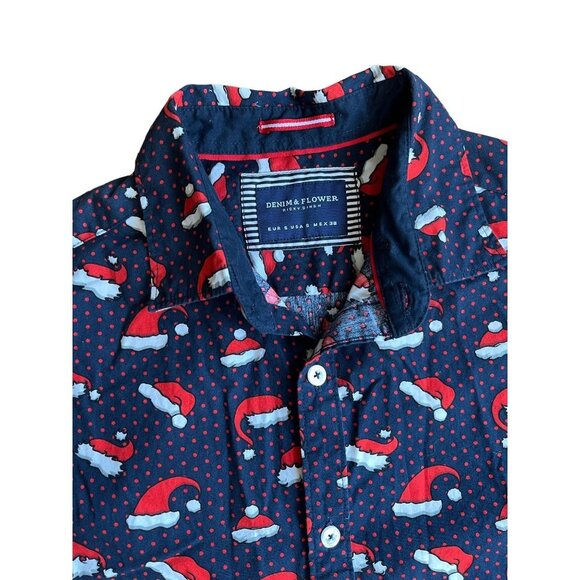 Denim & Flower Men's Santa Hat Short Sleeves Color Navy Blue Size S - Picture 4 of 4